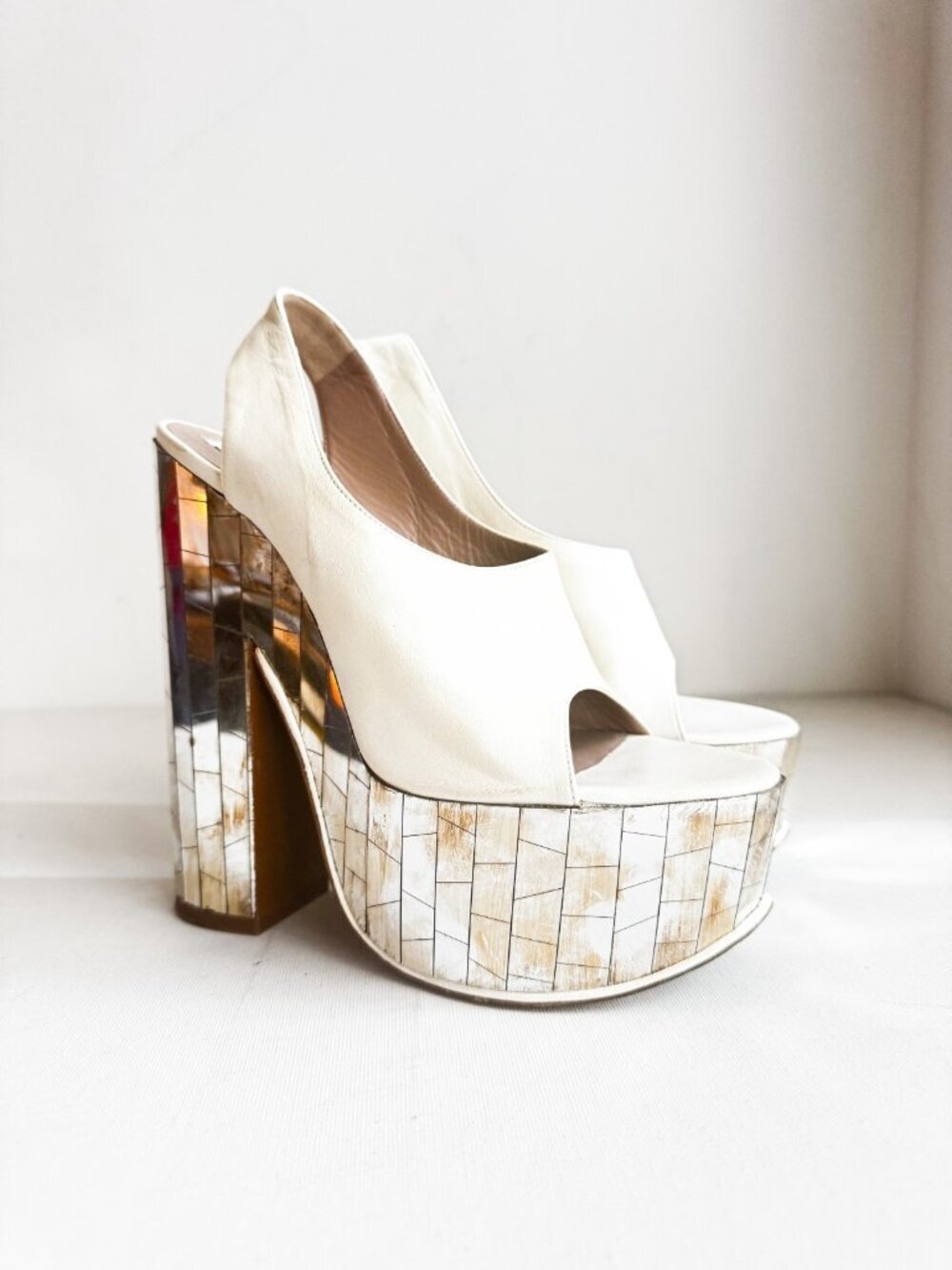 Rochas RUNWAY White Leather Mirror " Disco" Sandals Chunky Heel 39 - Picture 3 of 11